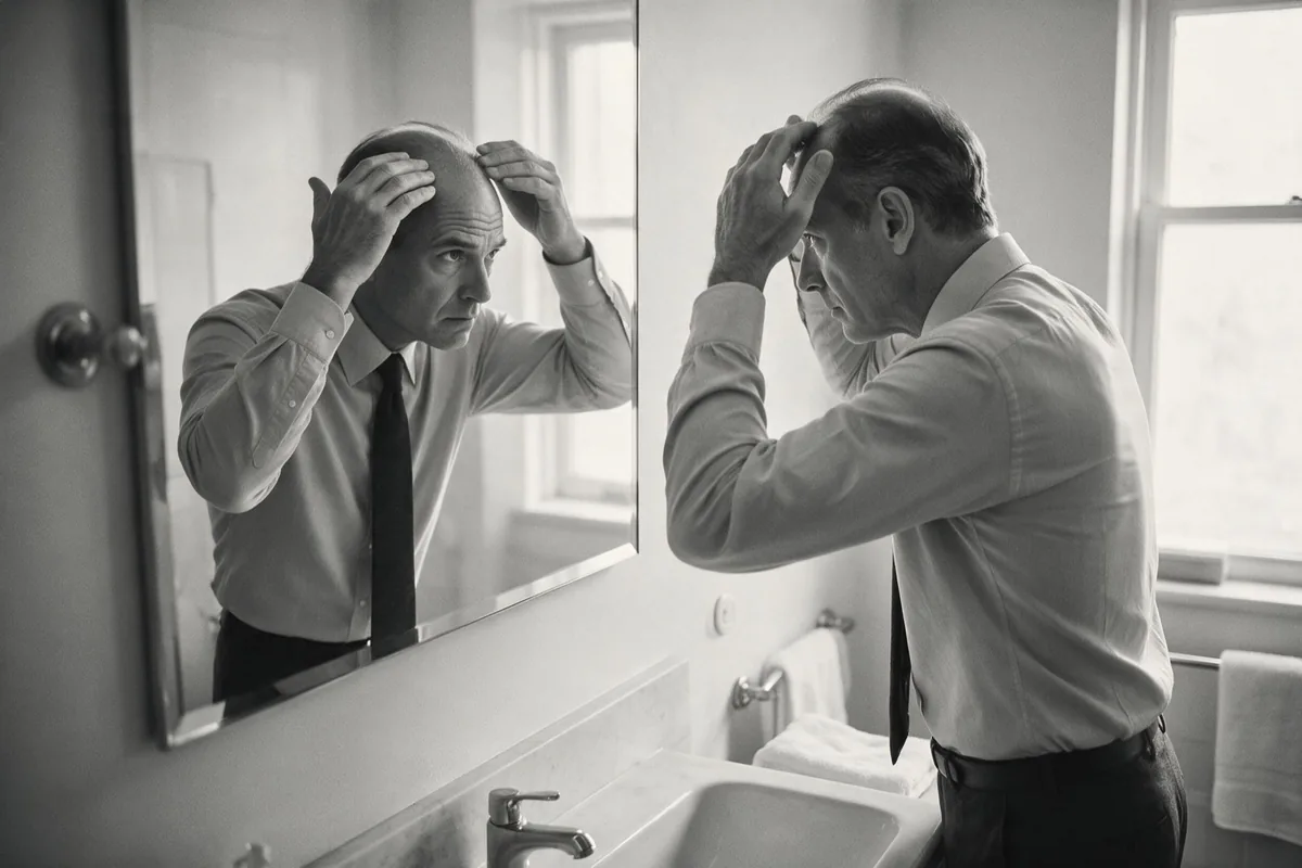 Homem de perfil executivo observando o cabelo em frente ao espelho
