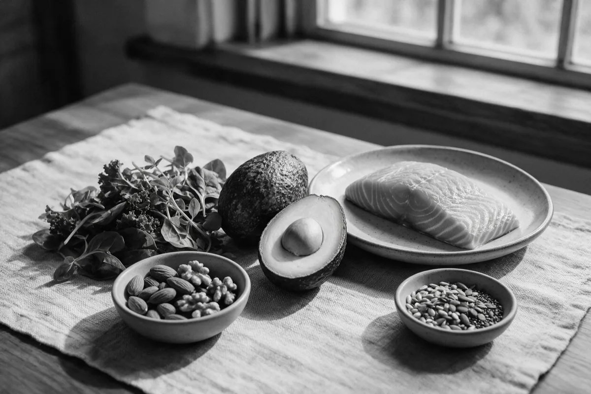 Suplementos e alimentos naturais dispostos de forma elegante